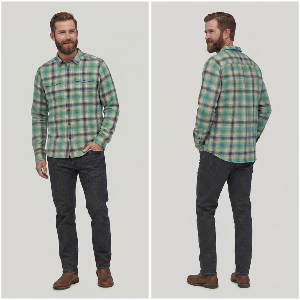 Patagonia Mens Organic Cotton Plaid Button Down Shirt Teal Yellow XL 53833 SP17